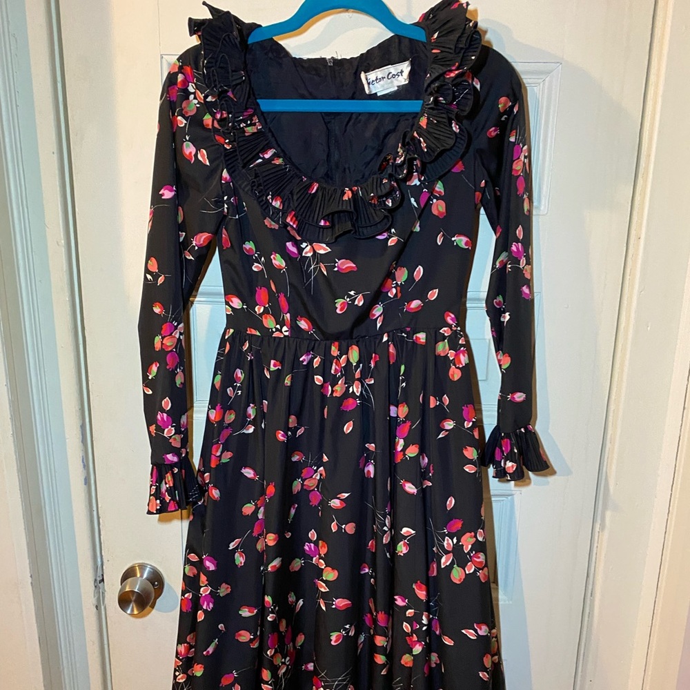 Victor Costa Dresses | Vintage 70's Victor Costa Nylon Dress Black Ruffle